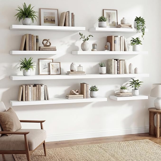 Acovy 24 Inch Floating Shelves for Wall Decor,9.3" Deep Floating Shelf Wall Book Shelves,Large Display Storage Shelf,Wall Mounted Shelves with Invisible Bracket for Living Room,Bedroom,Bathroom,White