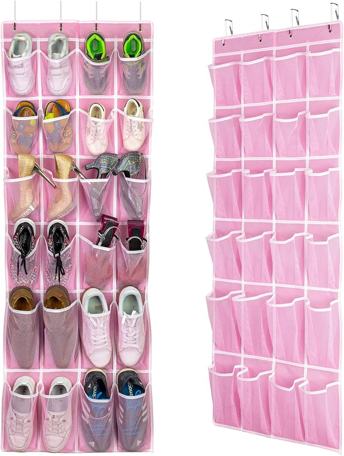 SAVERHO 2 Pack Hanging Shoe Organizer๏ผOver Door Shoe Organizer with 24 Mesh Large Pockets Shoe Storage Bag for Sport Shoes Size:58x21 Inch Hanging Door Shoe Rack Organizer (Pink-2pack)