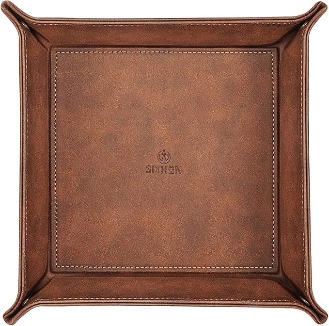 SITHON Valet Tray Desktop Storage Organizer โ Premium PU Leather Catchall Bedside Vanity Tray Nightstand Caddy Holder for Keys, Phone, Wallet, Coin, Valentine's Day Gift, Brown
