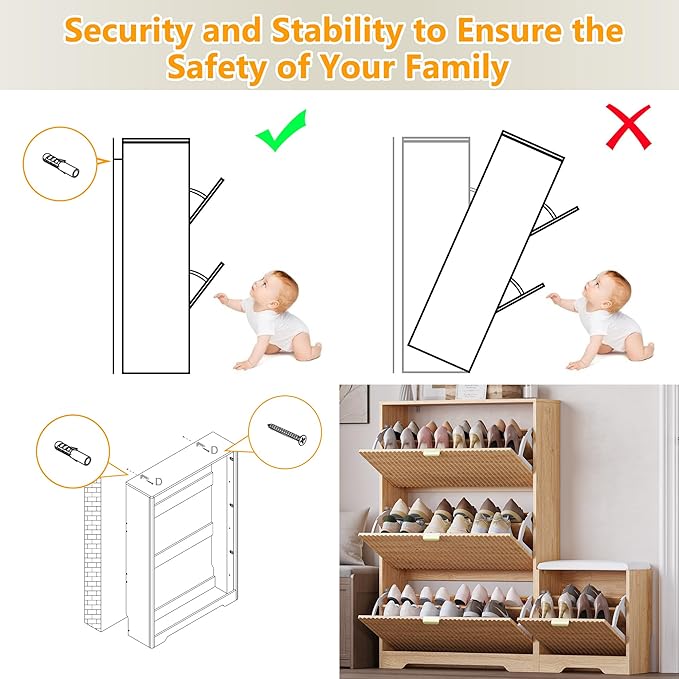 BORNOON Slim Shoe Cabinet with Bench for Entryway, Hidden Storage and Adjustable Shelves, Free Standing Wooden Shoes Organizer for Hallway, Foyer