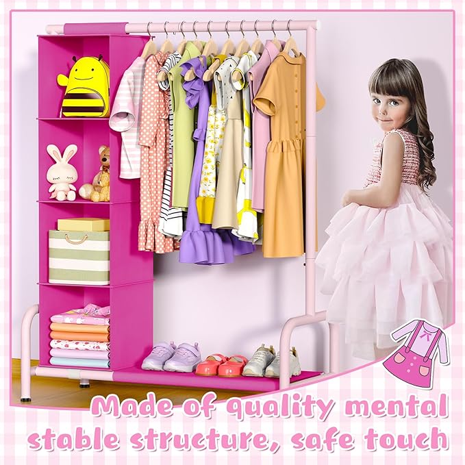 Univivi Kids Clothing Rack with Hanging Organizer, Short Toddler Dress Up Storage Rack for Hanging Clothes, Kids Wardrobe Closet for Baby Clothes, Dance Costumes, Rose Red/Pink
