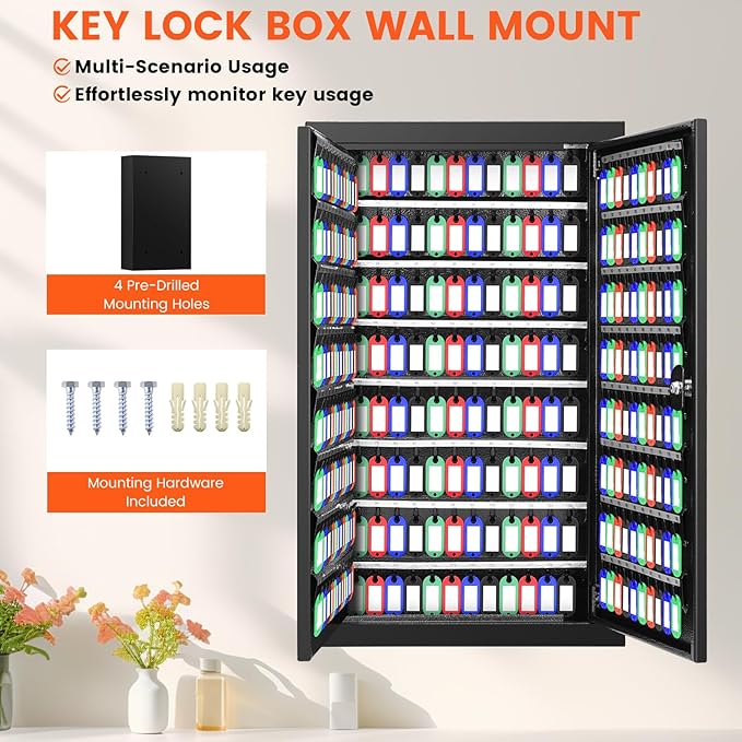 376 Keys Key Lock Box Wall Mount with 376 Numbered Hooks and 376 Colored Key Tags, Anti-Theft Key Cabinet with Key Return Drop Slot, Key Storage Box Key Organizer for Car Garage Home Office