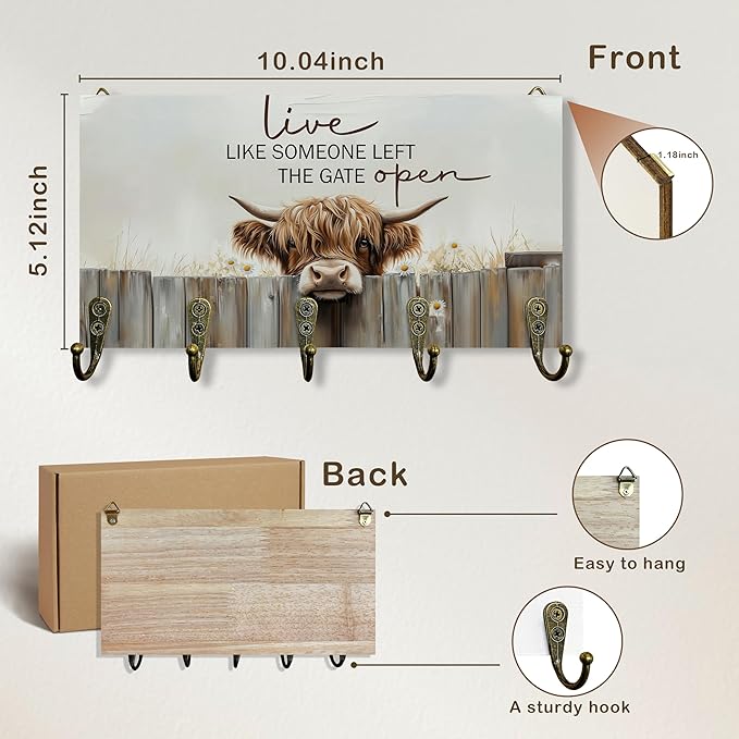Highland Cow Decor Key Holder for Wall 10"x5.12", Highland Cow Gifts Key Hanger Wall Mount, Live Like Someone Left The Gate Open Rustic Farmhouse Wooden Hanging Keys Holder Decor for Entryway