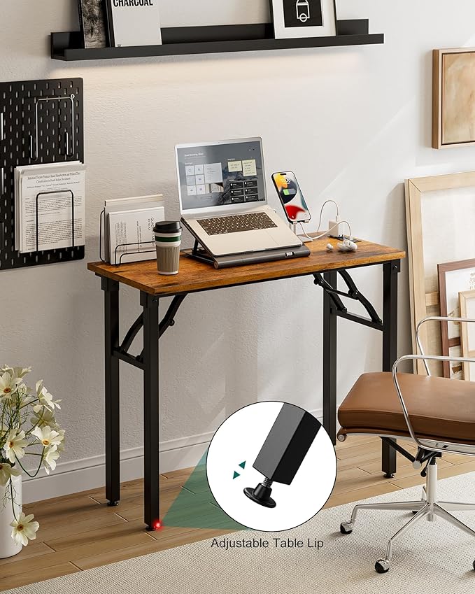 Frylr Small Folding Computer Desk โ 35.8 Inch Portable Table for Craft and Study, Lightweight Desk for Small Spaces, Foldable Laptop Table Built-in AC/USB Outlets for Convenience, Rustic Brown