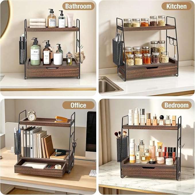 2-Tier Bathroom Counter Organizer with Drawer and Removable Basket, Wood Vanity Countertop Storage for Perfume, Makeup, Skincare, Bathroom Counter Shelf, Moisture-Resistant, Dark Brown