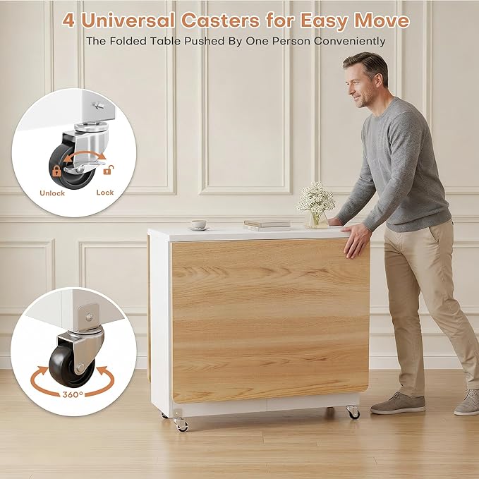 Jocoevol Space Saving Folding Dining Table for 4, Foldable Dining Table with Drawer and Storage Shelf, 6 Wheels Drop Leaf Kitchen Dining Room Table for Small Space (Natural, 47.2" x 23.6" x 29.9")