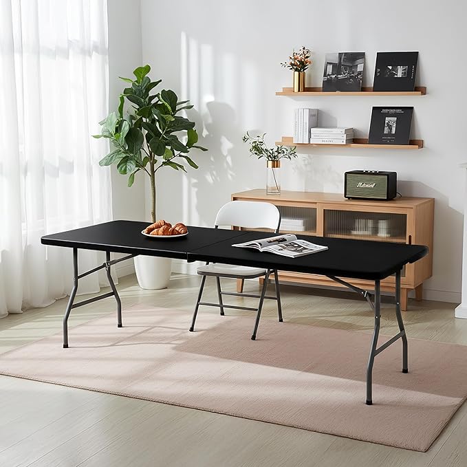 Folding Table 8FT Portable Heavy Duty Plastic Table with Carrying Handle Fold-in-Half Utility Foldable Tables for Parties Wedding Events Dining Indoor Outdoor Picnic (Black)