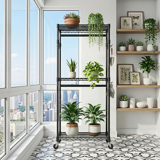 NEWBULIG Heavy Duty Adjustable Clothes Rack with Wheels, Adjustable Rolling Metal Freestanding Garment Closet Organizer with Double Rods & 2 Side Hooks for Hanging Clothes, 23" x 15" x 75", Black