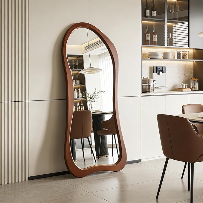 Large Irregular Mirror, 63"x30" Organic Floor Mirror with Solid Wood Frame, Asymmetrical Aesthetic Mirrors for Living Room Entryway Hallway Bedroom Cloakroom, Leaning/Wall-Mounted