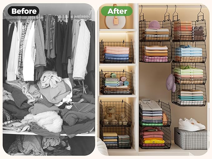 4" Extra Deeper Hanging Closet Organizers and Storage,4 Tier Foldable Wire Cabinet Shelves with 5 S Hooks,Small Metal Basket Bins for Clothes Sweaters Handbags, Wardrobe for Kitchen Laundry Room๏ผBlack