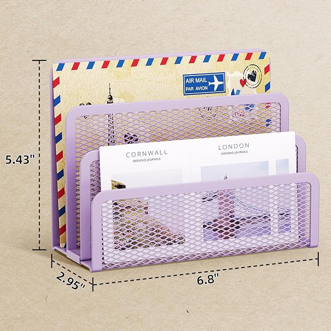 Marbrasse Mail Organizer for Desk, 3-Slot Mesh Metal Mail Holder countertop, Letter Holder, Office Desktop Envelope and Document Storage Rack (Purple)