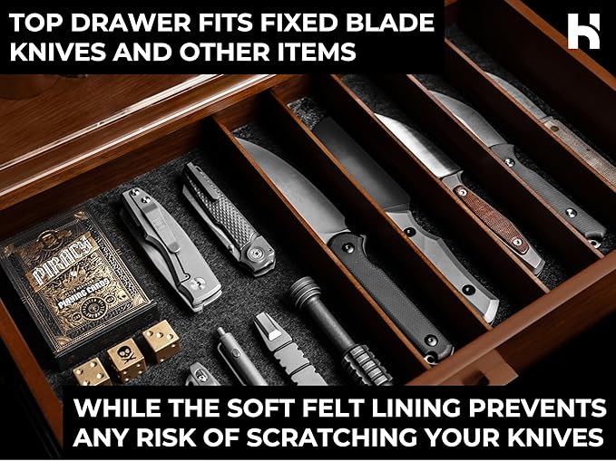 Premium Pocket Knife Display Case for 50 Knives - Extra Large Wooden Knife Organizer, Storage & Holder with Unique Pillars, 2 Drawers - Knife Collection Box - Handcrafted Father's Day Present for Men