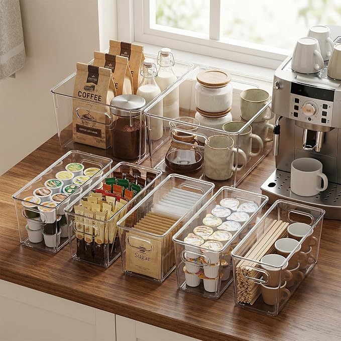 MOONEDGE 10 Pack Clear Plastic Storage Organizer Bins โ 4 Large & 6 Deep Narrow, Nestable Space-Saving Storage Containers for Under Sink, Bathroom, Kitchen, Pantry & Cabinet Organization