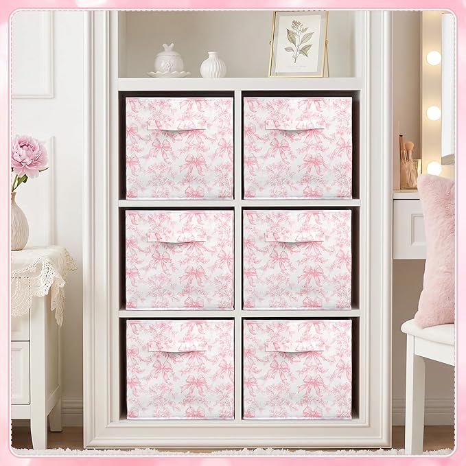 Geelin 6 Pcs Pink Floral Bow Cube Storage Bins 11 Inch Pink Flower Storage Basket with Handle, Preppy Girls Organizer Basket, Collapsible Fabric Box for Classroom Bedrooms Office Home Decoration Gift