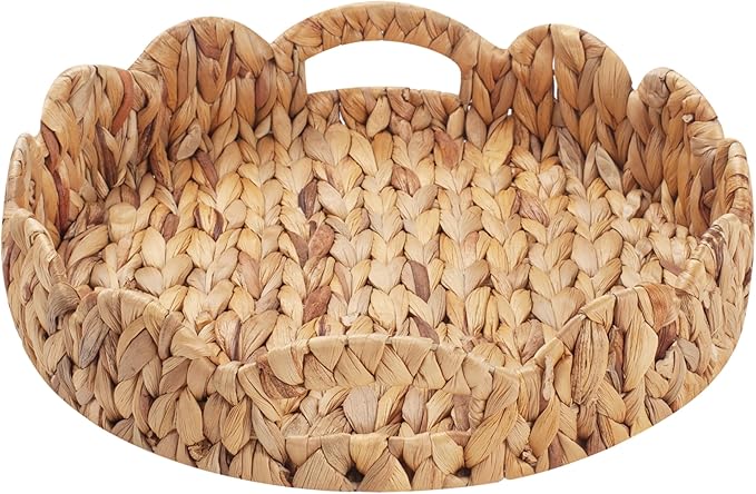 Yangqihome Round Scalloped Serving Tray, 14 inch Decorative Water Hyacinth Scalloped Basket with Built-in Handles, Round Ottoman Trays for Coffee Table for Kitchen and Living Room