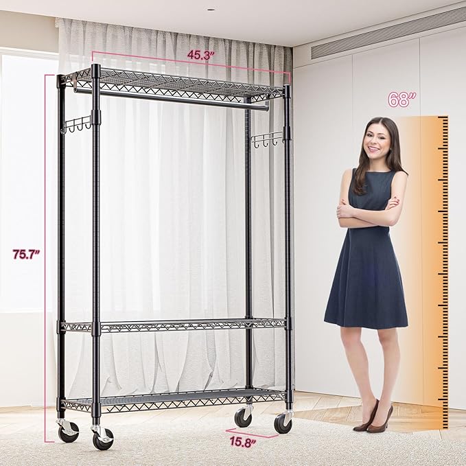 M MZG Heavy Duty Rolling Garment Rack 3 Tiers Adjustable Wire Shelving Clothes Rack with 1 Rods and Side Hooks,Storage Closet Clothing Rack with Wheels Black 15.7" D x 45.3" W x 75.6" H