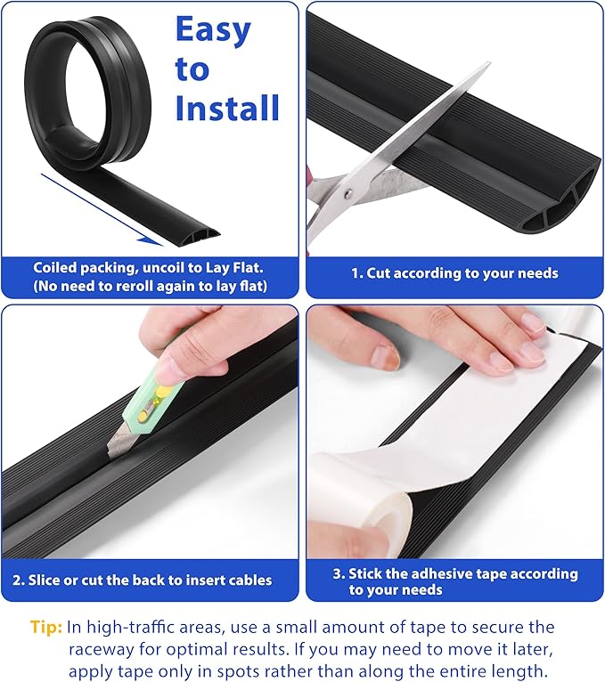 ZhiYo Floor Cord Cover 4ft, Cord Hider Floor Hide Extension Cords, Cable Management Prevent Cable Trips, Floor Cable Cover Wire Covers for Cords, Cable Protector Cord Cavity W0.6in H0.32in Black