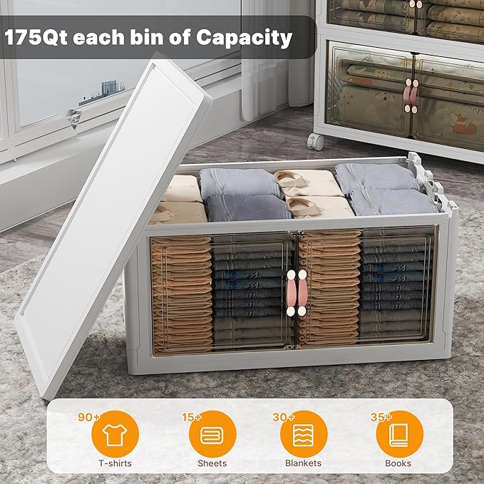 UAMFURI Stackable Storage Bins with Lids & Wheels & Door, Foldable Collapsible Closet Organizers, Extra Large Plastic Storage Drawers for Bedroom Dorm Office Garage (White-175QT, 1Pack with 1 top lid)
