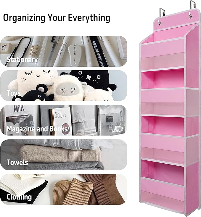 TYMENSH Pink Over Door Organizer with 4 Large Clear Pockets, Hanging Door Storage for Nursery, Bedroom, Bathroom, Closet, Toys, Diapers, Cosmetics, Baby Essentials