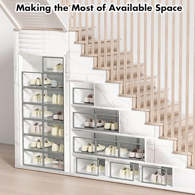 Foluck Shoe Storage Box, 15 Pack Clear Plastic Stackable Organizer for Closet, Interlocking Design Shoes Container Bins for Sneakers, Foldable Shoe Rack with Lids, Grey
