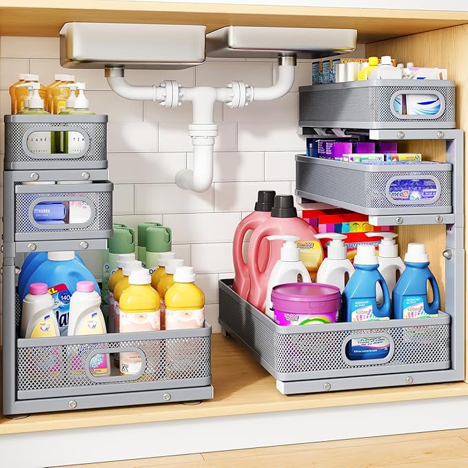 Under Sink Organizer, 2-Pack 3-Tier Thickened Metal Pull out Cabinet Organizer Shelf, Height Adjustable Slide out Storage Drawer Rack for Kitchen Bathroom Pantry Laundry Home Organization, Grey
