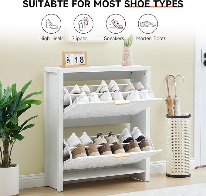 weselon Flip Drawer Shoe Cabinet Set of 2, Narrow Shoe Storage Cabinet, 2-Tier Hidden Shoe Organizer with Carved Floral for Entryway, Slim Shoes Storage for Hallway Foyer (2, White)