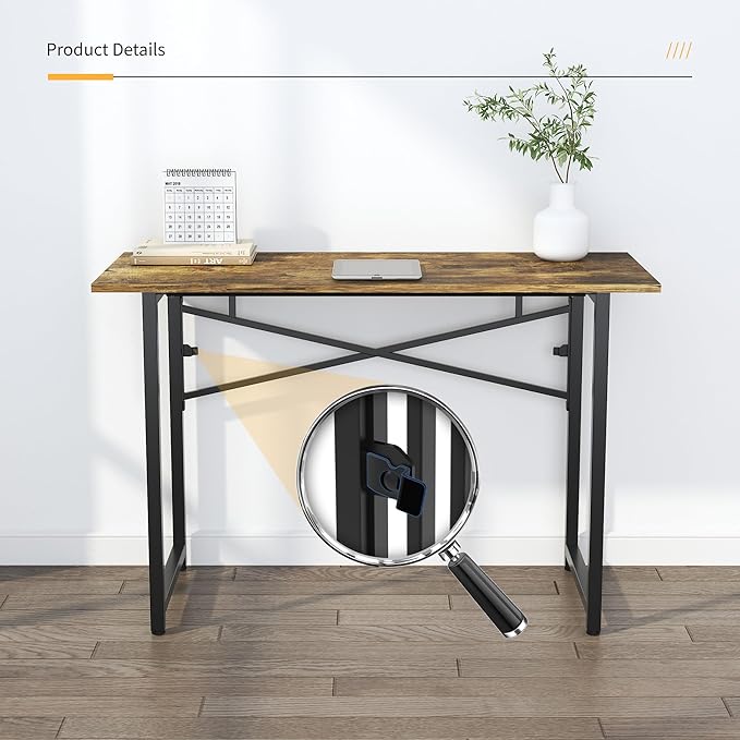 Lutown-Teen 47 inch Folding Computer Desk, Writing Gaming Computer Camping Table, No Assembly Required Home Office Desk, Rustic Brown