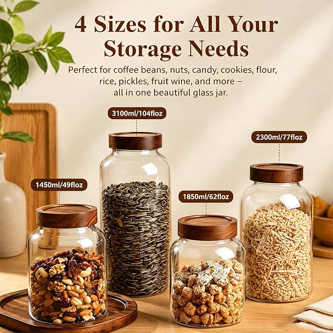 62 Fl oz/1850 ml Large Glass Jar with Wooden Screw On Lid, Half Gallon Wide Mouth Clear Airtight Container, Big Food Kitchen Storage Canister for Bean,Cereal,Treat,Pickle,Flour,Rice,Cookie