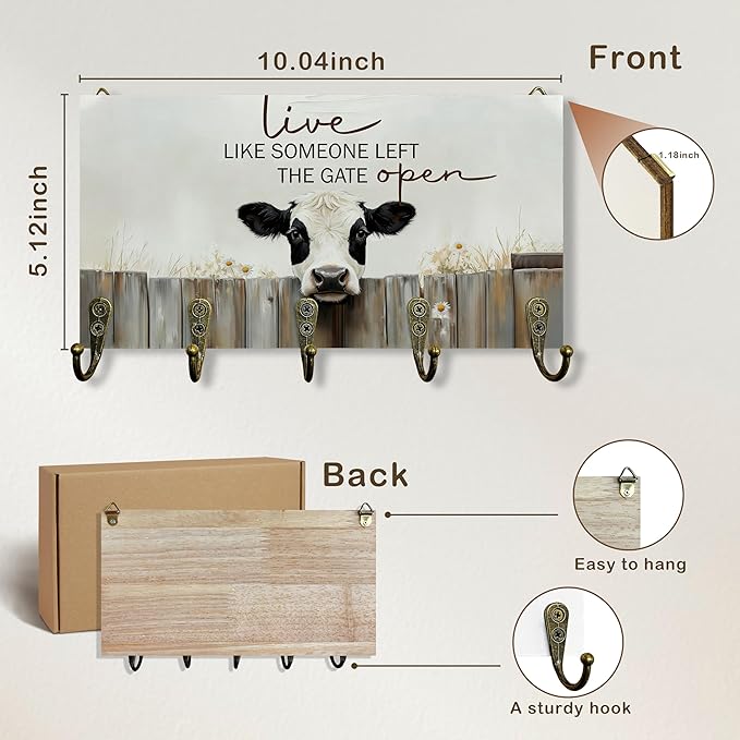 Cow Gifts Key Holder for Wall 10"x5.12", Cow Decor Key Hanger Wall Mount, Live Like Someone Left The Gate Open Rustic Farmhouse Cows Wooden Hanging Keys Holder Decor for Entryway
