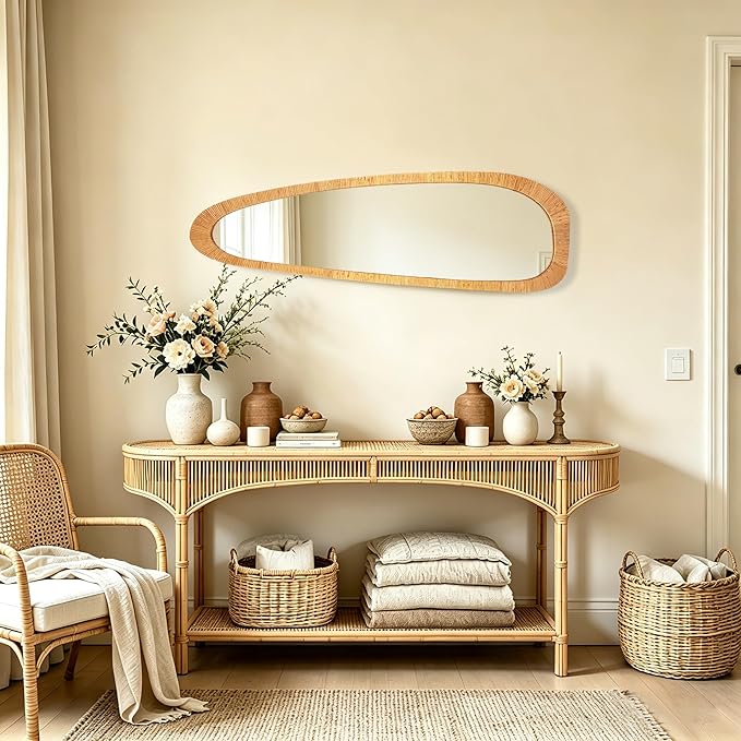 BAODANFU Irregular Natural Rattan Mirror, 18ร53 Inch Full Length Wall Mirror, 4-Way Handwoven Decorative Asymmetrical Mirrors, Boho Rustic Decor for Entryway Bedroom Living Room Home