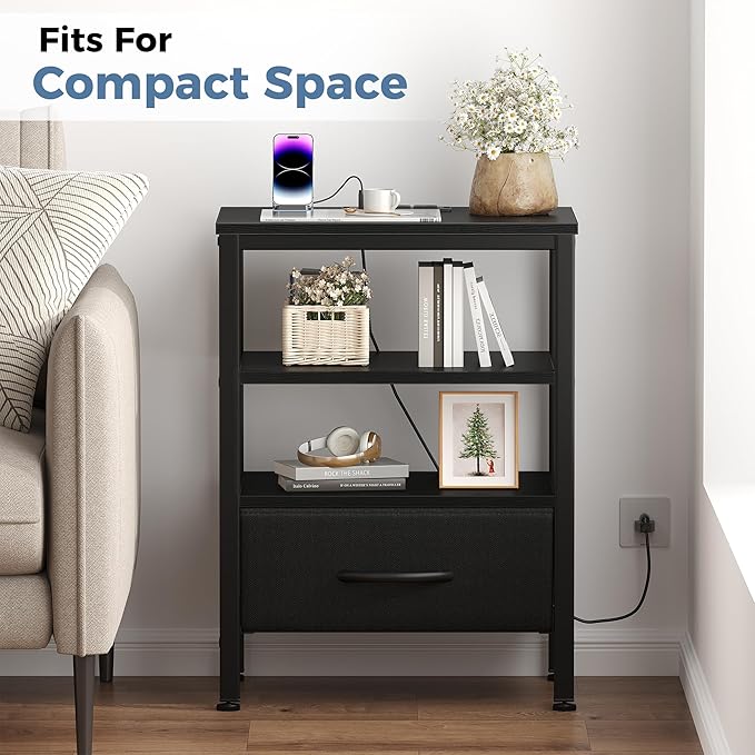 DUMOS Nightstand Set of 2 with Wireless Charging Station Bed Side Tables with Adjustable Fabric Drawers and 3 - Tier Storage End Tables Modern Design, Black