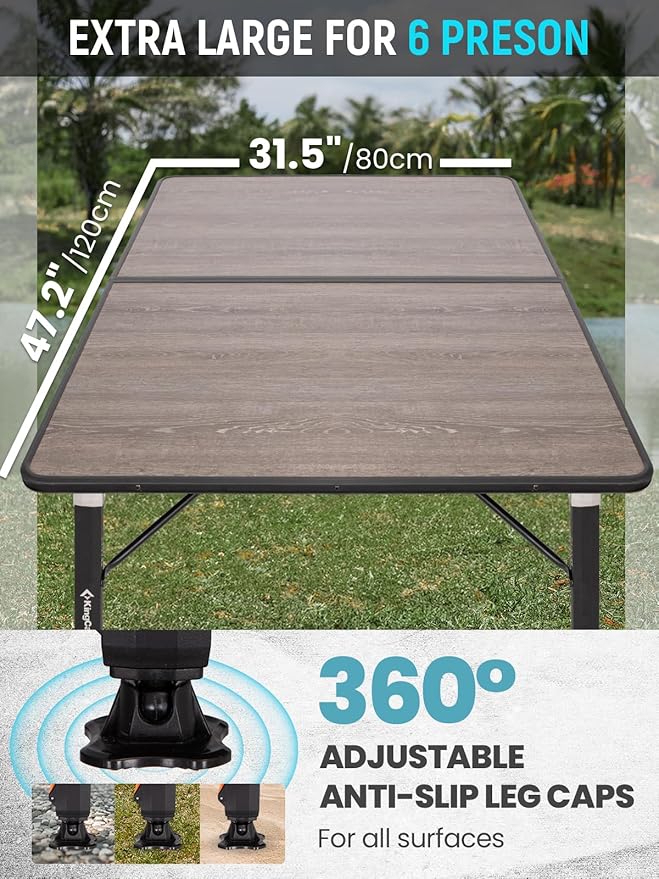 KingCamp Adjustable Height Folding Camp Table, Large Fiber Glass Portable Picnic Table for Outdoor & Indoor Use, Sturdy Aluminum Leg Patio Table for 4-6 People with Storage Bag