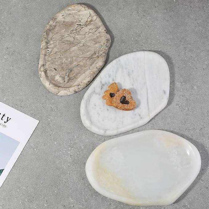 Koville Luxurious Natural Marble Vanity Tray for Home Decor, Cloud Shape Serving Stone Key Tray, 10" x 7" Marble Storage Trays for Bathroom, Stone Plate for Perfume, Candle and Jewelry(Bianco Carrara)