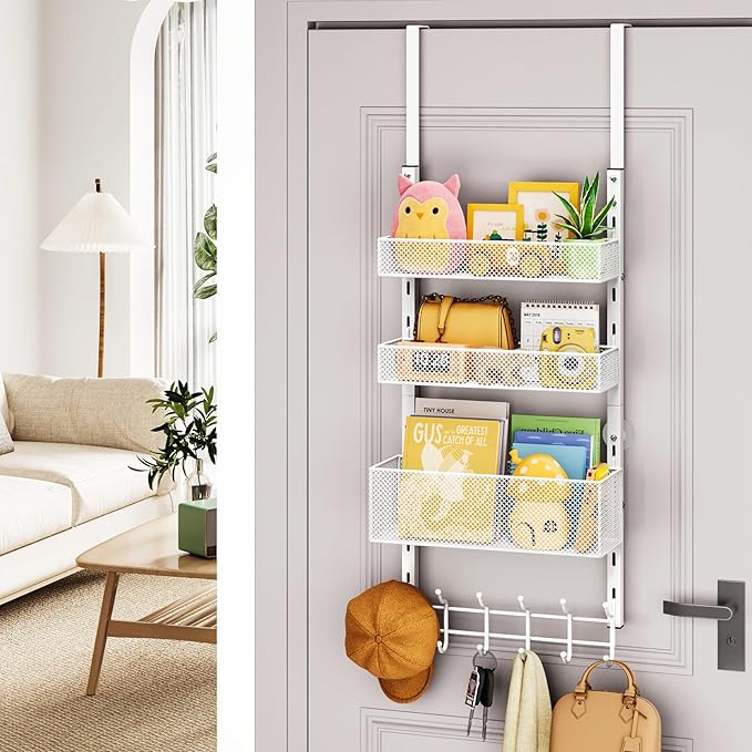 HapiRm Over The Door Hanger with Coat Hooks and 3 Baskets, Rustproof Over The Door Hooks, Storage Organizer for Hats, Towels - White