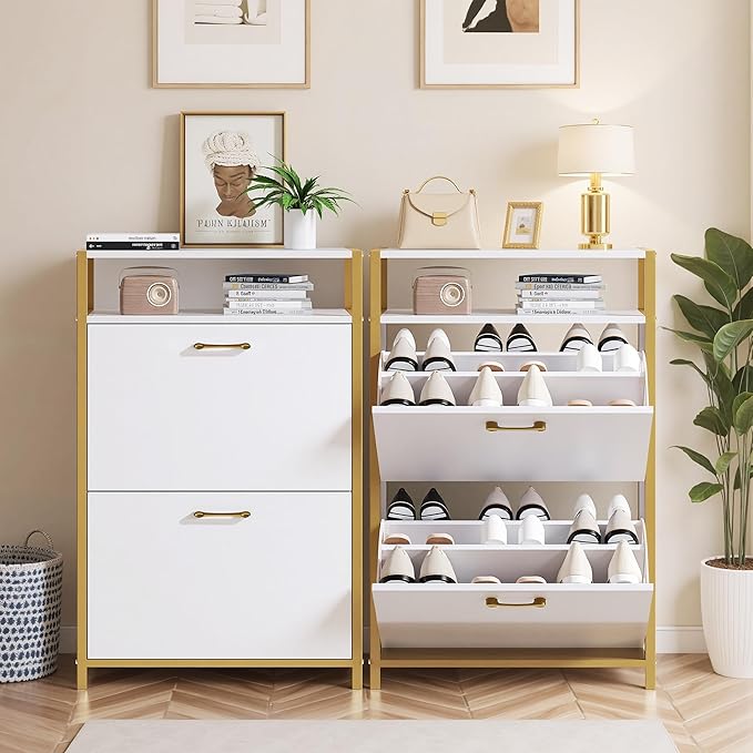 VECELO Shoe Storage Cabinet with 2 Flip Drawers for Entryway, Modern Slim Hidden Freestanding Organizer with Metal Legs for Hallway, Living Room, Large Capacity, Suit for Size to 11, White