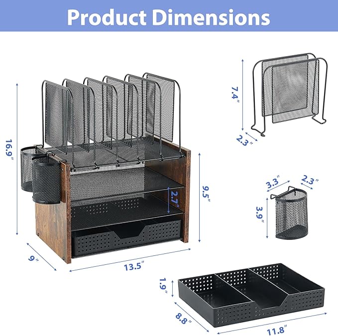 AUPSEN Desk Organizer with 5 Vertical File Holders, Storage Drawer & 2 Pen Holders, 5 Trays Paper Letter Tray Organizer, Mesh Desk Organizers and Accessories for Home Office (Vintage wood)