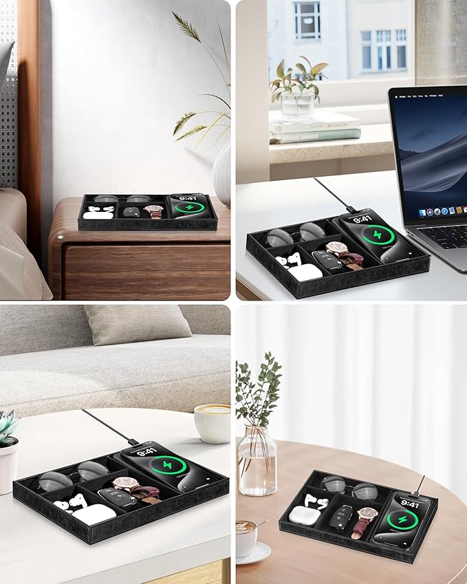 Valet Tray with Wireless Charger, Nightstand Organizer for Men, EDC Catchall Tray for Keys, Watch, Wallet, Jewellery, Premium Vegan Leather, Bedside Caddy, Stylish and Organized, PU Black