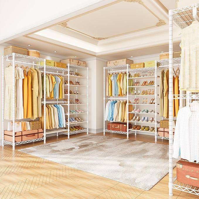 ULIFHOME E16 Heavy Duty Clothing Rack(With 7-Tier Adjustable Shoe Rack) Freestanding Clothes Rack for Hanging Clothes,Metal Closet Storage Organizer Large Wardrobe,69'' W x 15.8'' D x 76.2'' H,White