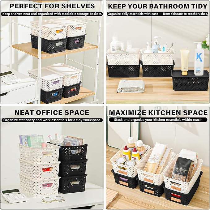 10 Pack Small Plastic Storage Bins with Lids, Stackable Plastic Storage Baskets for Organizing with Handles, Organizer Bins with Labels for Room, Craft, Containers for Pantry Organizers and Storage