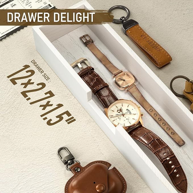 Rebee Vision Decorative Pine Wood Key Holder Wall Mount with Drawer Organizer - Mail Organizer with 6 Key Hooks - Stylish Wall Shelf for Apartment Essentials (Modern White)