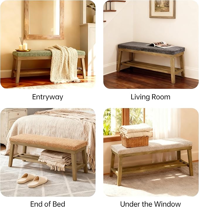 VKNOW Entryway Bench, 44.4" Upholstered Shoe Storage Bench for Entryway & Bedroom, Shoe Bench with Rubberwood Legs, Modern End of Bed Storage Bench for Living Room and Hallway, Green