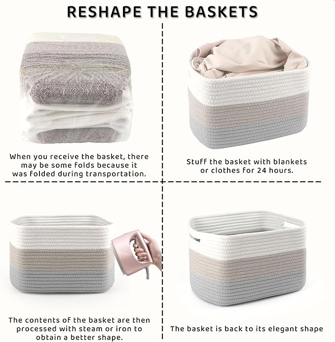 4 Pack Storage Baskets for Organizing, 12''Lx9''Wx8''H Woven Baskets for Storage Toys, Towels, Books, and Clothes, Cotton Rope Basket for Shelves with Handle White & Brown