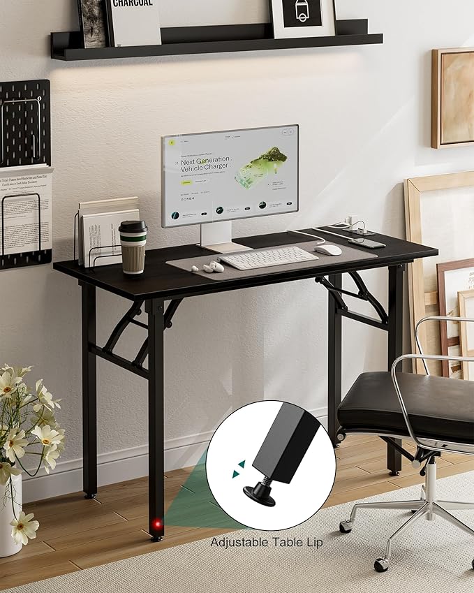 Frylr Small Folding Computer Desk โ 43.3 Inch Portable Table for Craft and Study, Lightweight Desk for Small Spaces, Foldable Laptop Table Built-in AC/USB Outlets for Convenience, Dark Oak