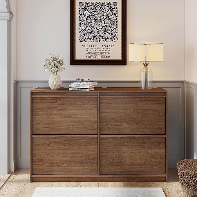 Shoe Cabinet with 4 Flip Drawers, Modern Narrow Shoe Storage Cabinet Organizer with Adjustable Shelf, Hidden Freestanding Shoe Rack for Entryway, Hallway, Living Room, Walnut