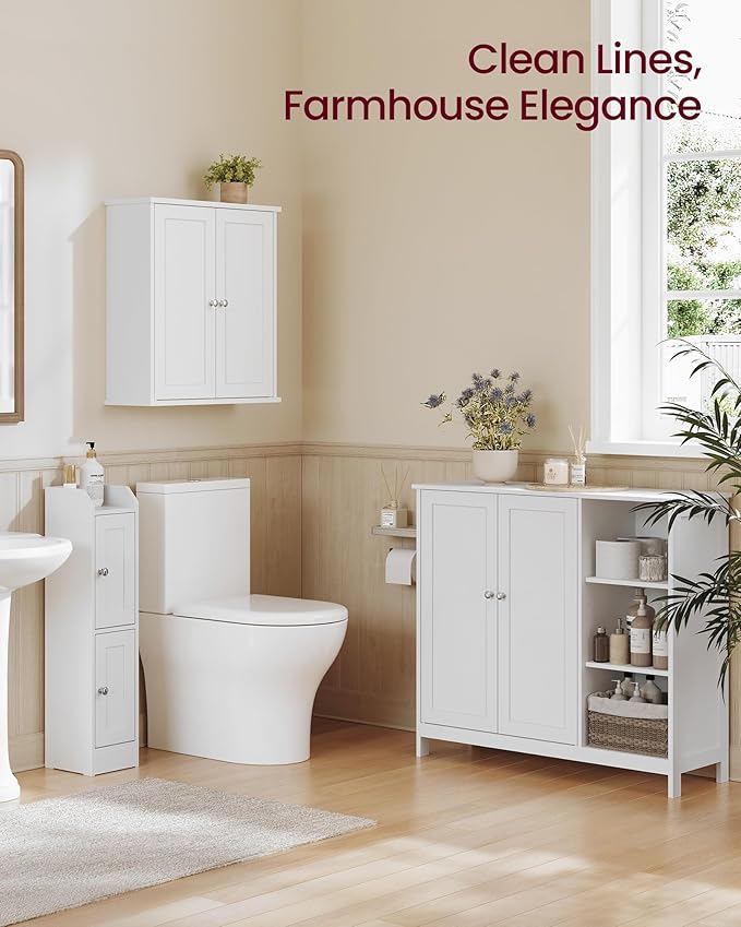 VASAGLE Siren Collection - Bathroom Wall Cabinet, Hanging Bathroom Storage Cabinet, for Medicines, Farmhouse, 2 Adjustable Shelves, 7.9 x 17.7 x 23.6 Inches, Cloud White UBBK320WB01S