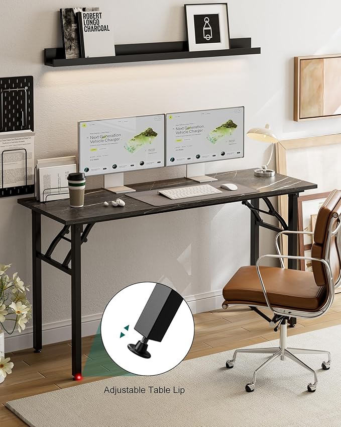 Frylr Small Folding Computer Desk โ 55.1 Inch Portable Table for Craft and Study, Lightweight Desk for Small Spaces, Foldable Laptop Table Built-in AC/USB Outlets for Convenience, Marble Greige