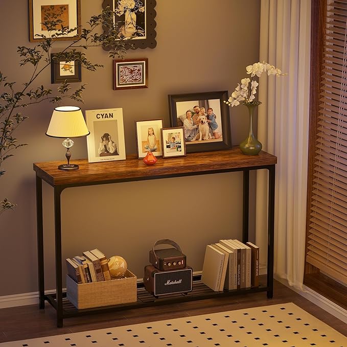 Besiost 47" Console Table with 2-Tier Storage, Industrial Narrow Entryway Table, Sofa Table Behind Couch for Hallway, Foyer & Living Room, Sturdy Metal Frame, Rustic Brown