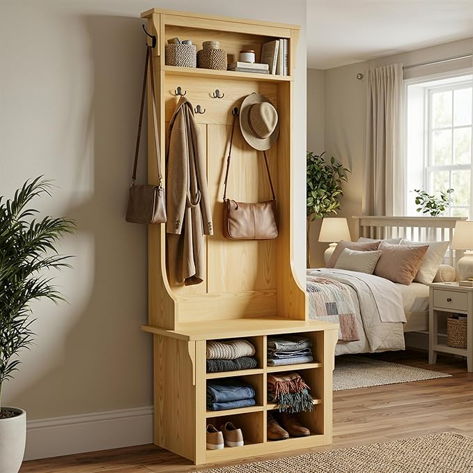 IRONCK Hall Tree with Bench and Shoe Storage, 6-in-1 Entryway Bench with Coat Rack, Adjustable Shelf, Hanging Hooks, 6 Shoe Cubbies, 2-Tier Top Storage, for Entryway, Bedroom, Living Room, Oak
