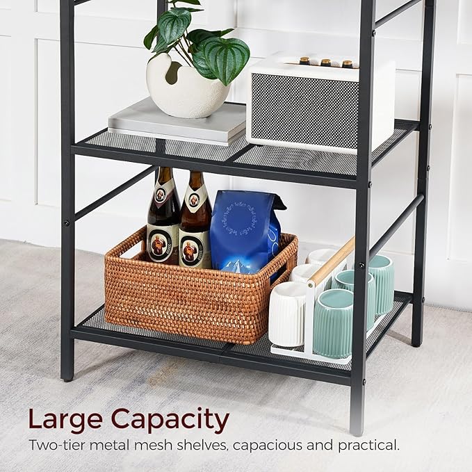 MAHANCRIS Bakers Rack with Power Outlet, Kitchen Storage Shelf with 6 Hooks, Microwave Stand with Storage, 4-Tier Coffee Bar Station, for Kitchen, Dining Room, Rustic Brown BRHR35E01