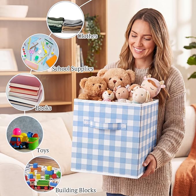 Yalikop 6 Pcs Blue Checkered Cube Storage Bins, 11 Inch Fabric Gingham Classroom Storage Bins Organizer with Handle Preppy Collapsible Cubby Basket for Classroom Home Nursery Playroom Bedroom